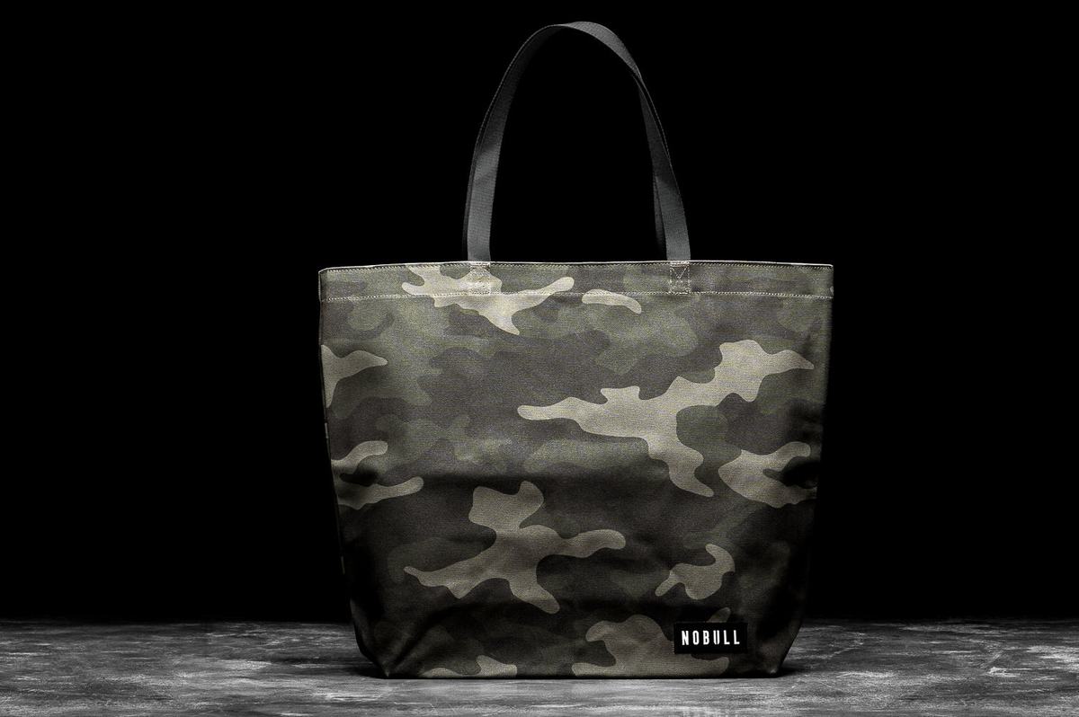 Nobull Waxed Canvas Open Top Tote Men's Bags Green Camo | Australia (RJ3189)